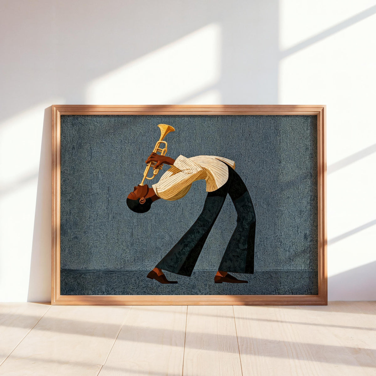 Jazz Trumpet Player Horizontal Print, Afrocentric Mid Century Wall Art, Retro African American Musician Print, Moody Black Culture Painting