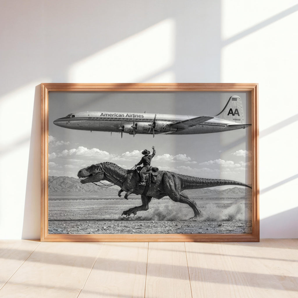 Vintage Cowboy Riding Dinosaur Poster, Retro Western Art Print, Surreal T-Rex in Desert, 1950s American Airlines Airplane Wall Decor