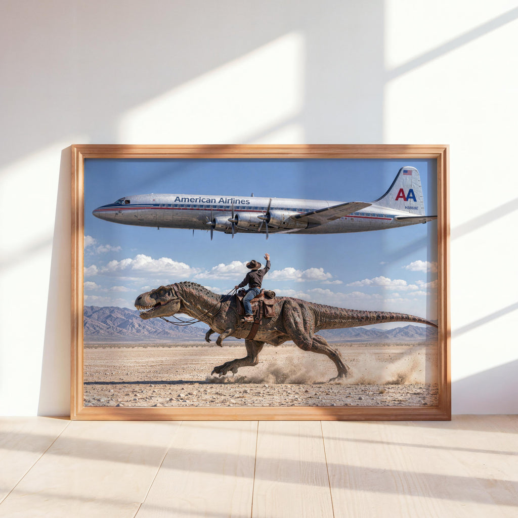 Vintage Cowboy Riding Dinosaur Poster, Retro Western Art Print, Surreal T-Rex in Desert, 1950s American Airlines Airplane Wall Decor