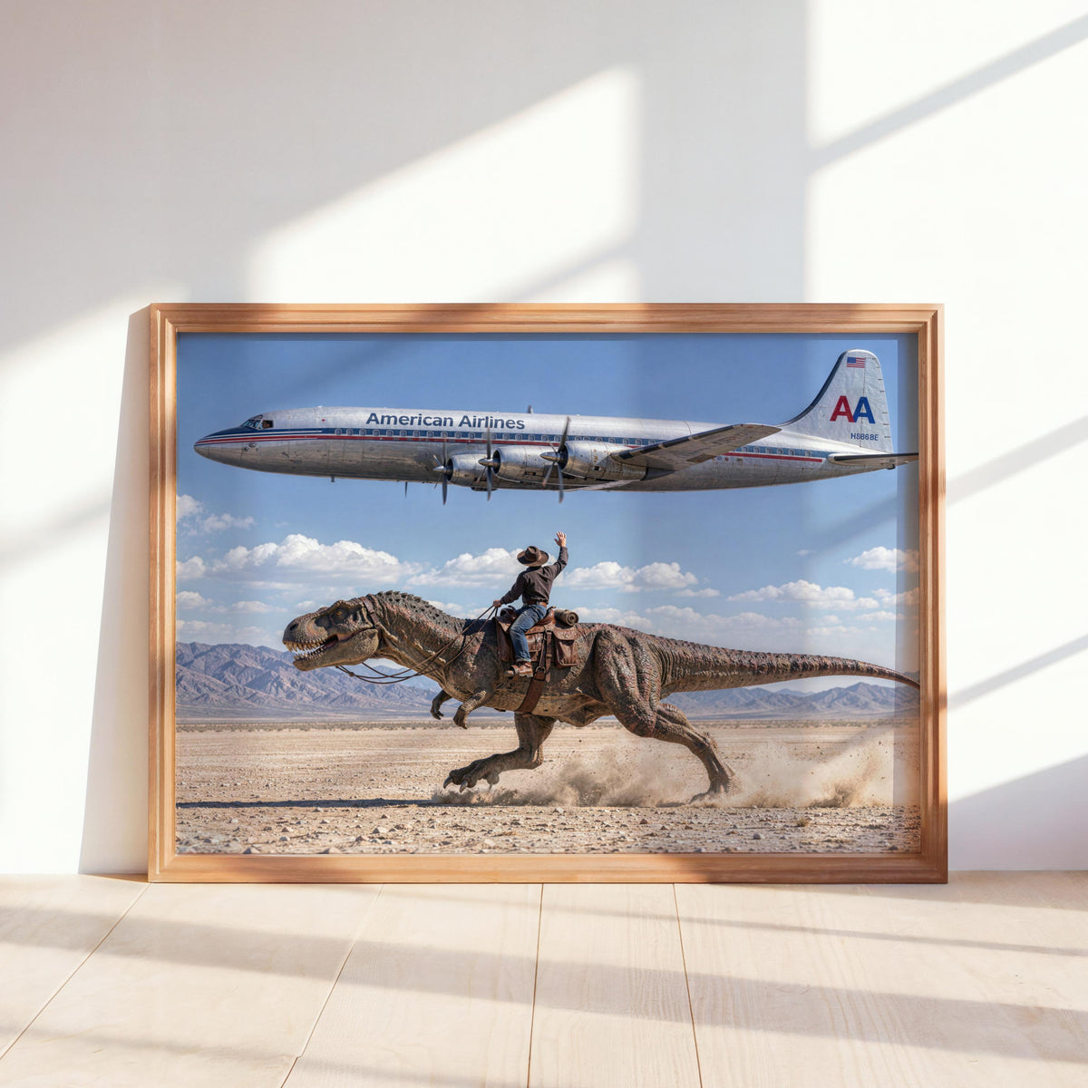 Vintage Cowboy Riding Dinosaur Poster, Retro Western Art Print, Surreal T-Rex in Desert, 1950s American Airlines Airplane Wall Decor