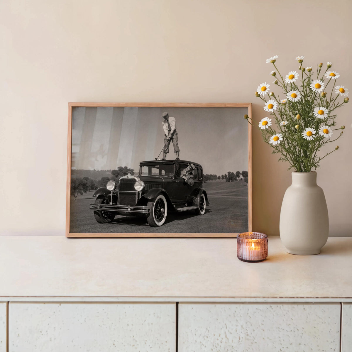 Golfer on Classic Car Photography Print, Vintage Golf Wall Art, Funny Golfer Gift, 1930s Country Club Decor, Black White Sports Artwork