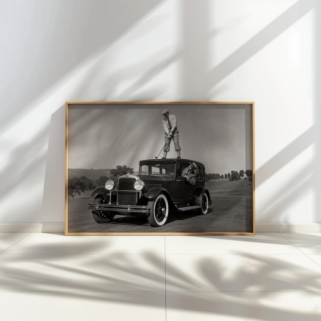 Golfer on Classic Car Photography Print, Vintage Golf Wall Art, Funny Golfer Gift, 1930s Country Club Decor, Black White Sports Artwork