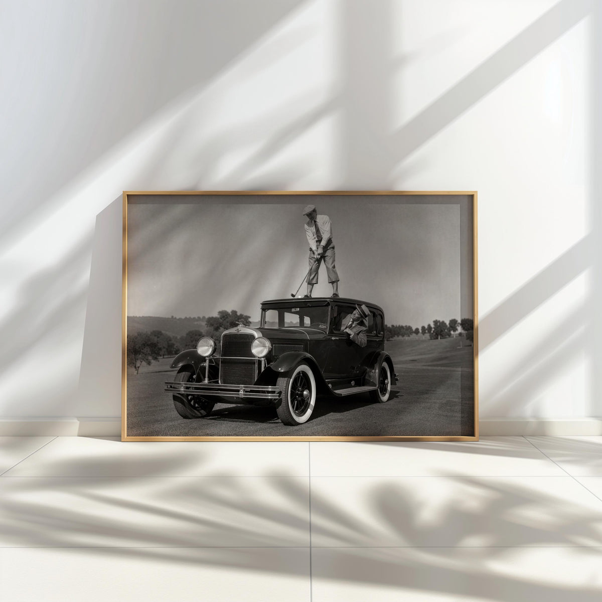 Golfer on Classic Car Photography Print, Vintage Golf Wall Art, Funny Golfer Gift, 1930s Country Club Decor, Black White Sports Artwork