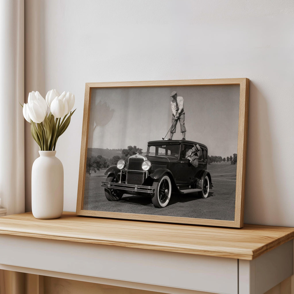 Golfer on Classic Car Photography Print, Vintage Golf Wall Art, Funny Golfer Gift, 1930s Country Club Decor, Black White Sports Artwork