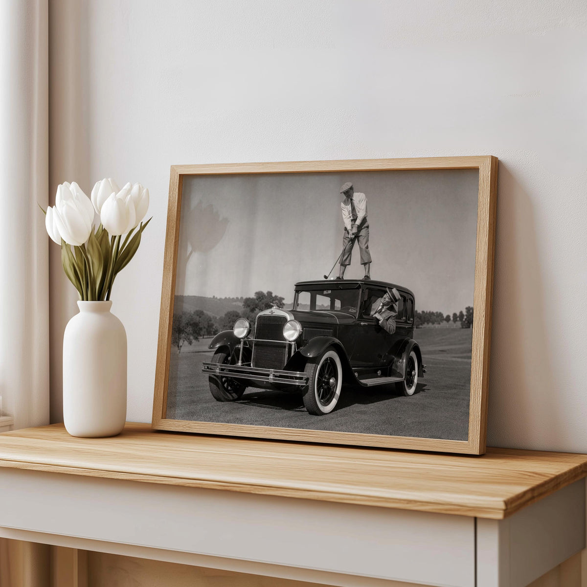 Golfer on Classic Car Photography Print, Vintage Golf Wall Art, Funny Golfer Gift, 1930s Country Club Decor, Black White Sports Artwork