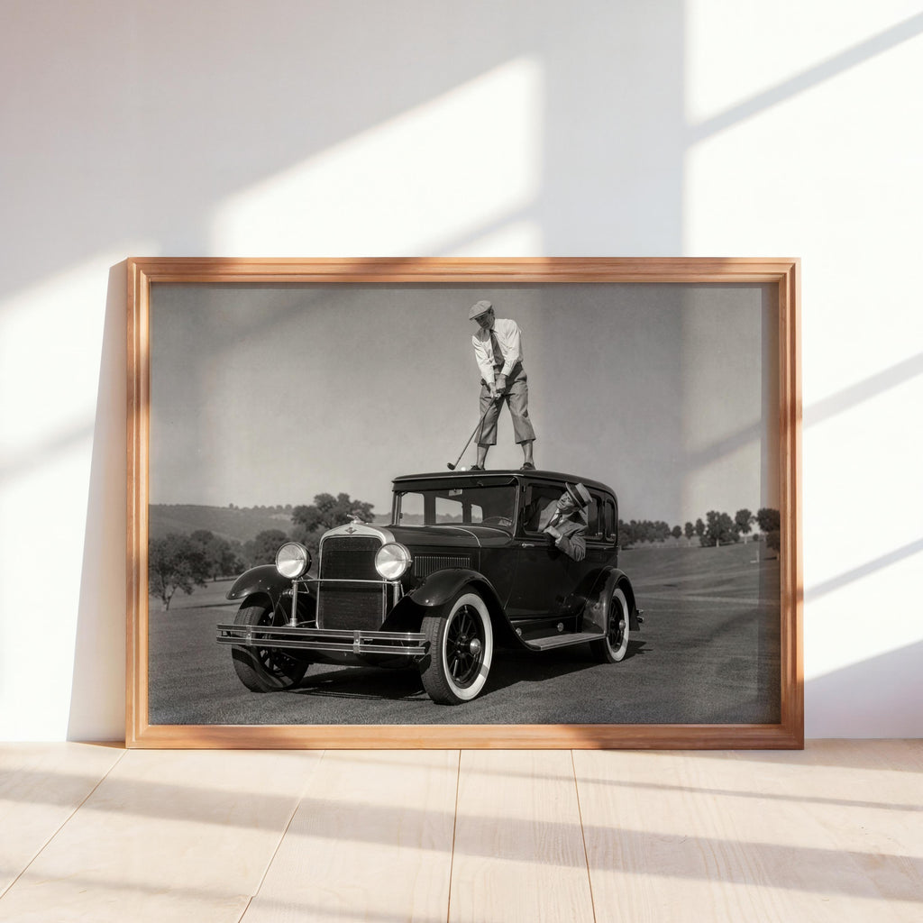Golfer on Classic Car Photography Print, Vintage Golf Wall Art, Funny Golfer Gift, 1930s Country Club Decor, Black White Sports Artwork