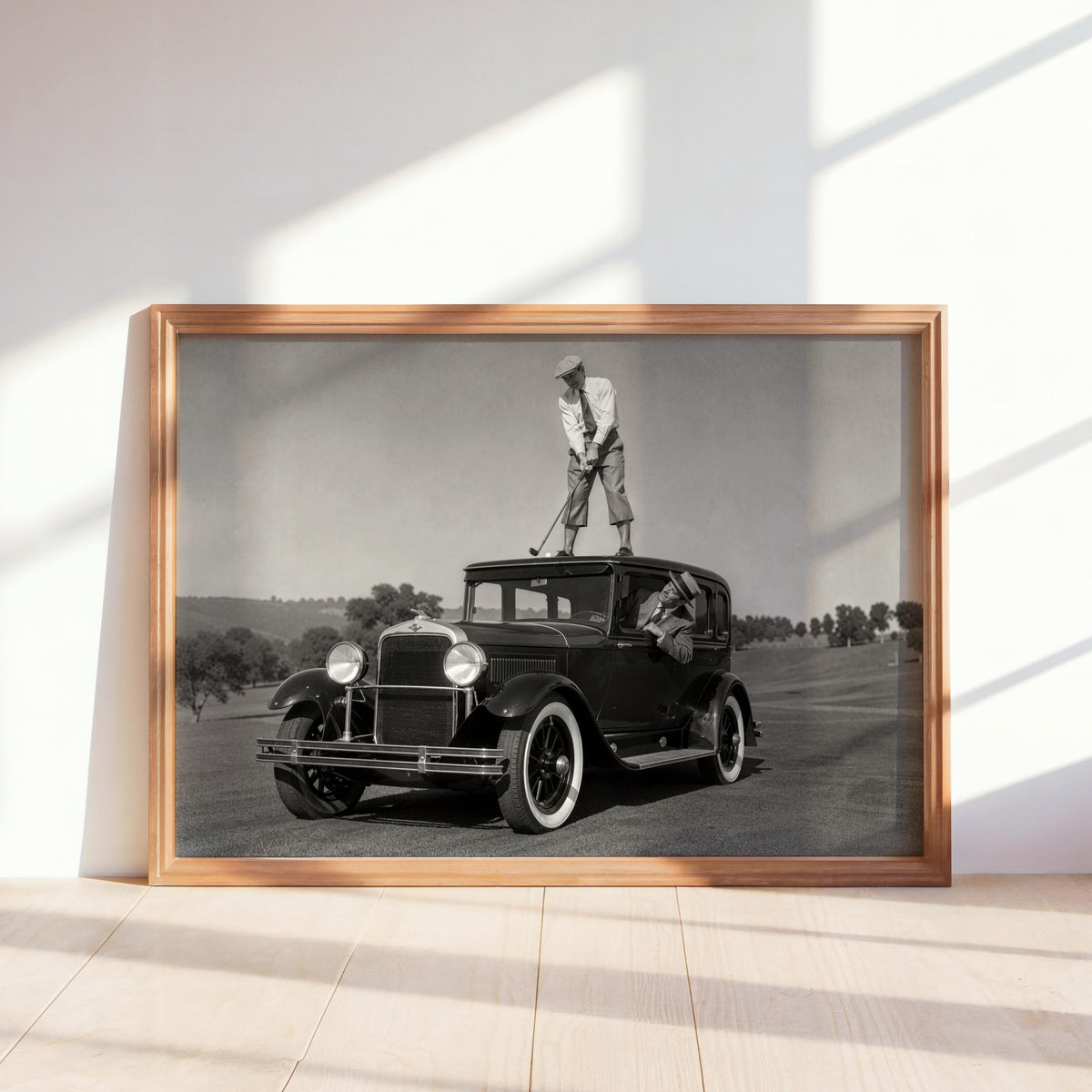 Golfer on Classic Car Photography Print, Vintage Golf Wall Art, Funny Golfer Gift, 1930s Country Club Decor, Black White Sports Artwork