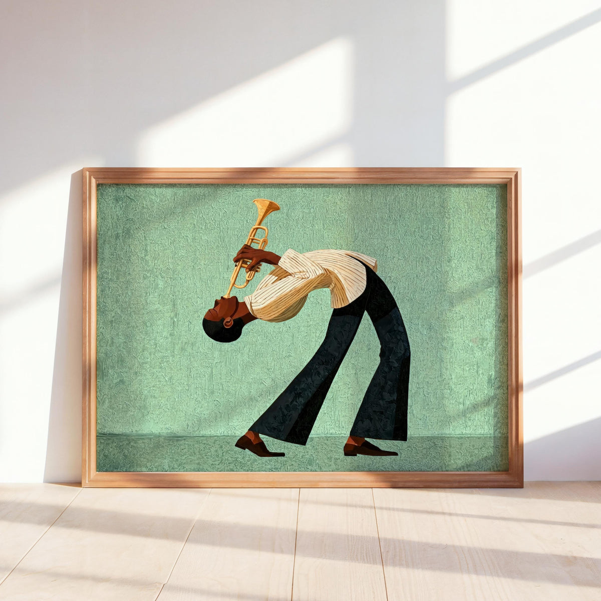 Jazz Trumpet Player Horizontal Print, Afrocentric Mid Century Wall Art, Retro African American Musician Print, Moody Black Culture Painting