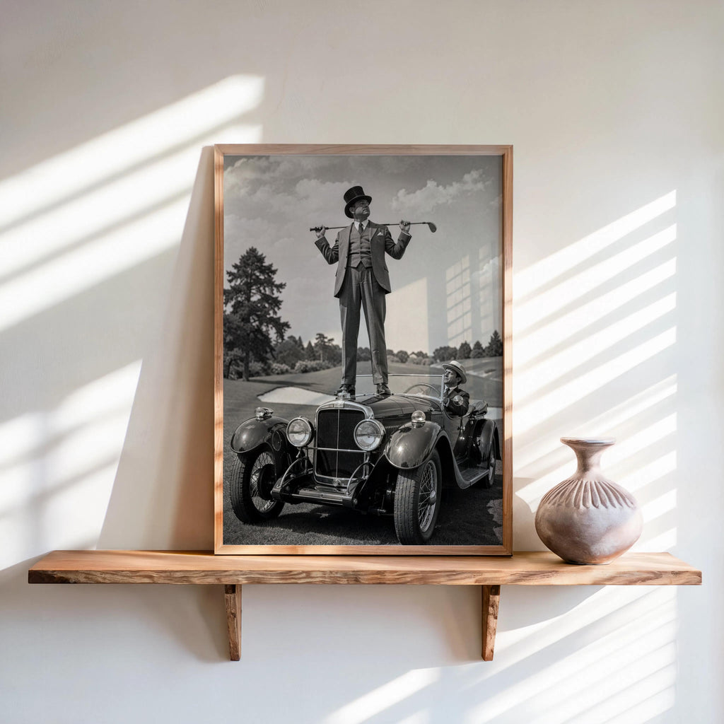 Retro Golf Poster, Antique Convertible Classic Car & Gentleman Golfer Print, Funny American Vintage Automotive Wall Art, Americana Man Cave