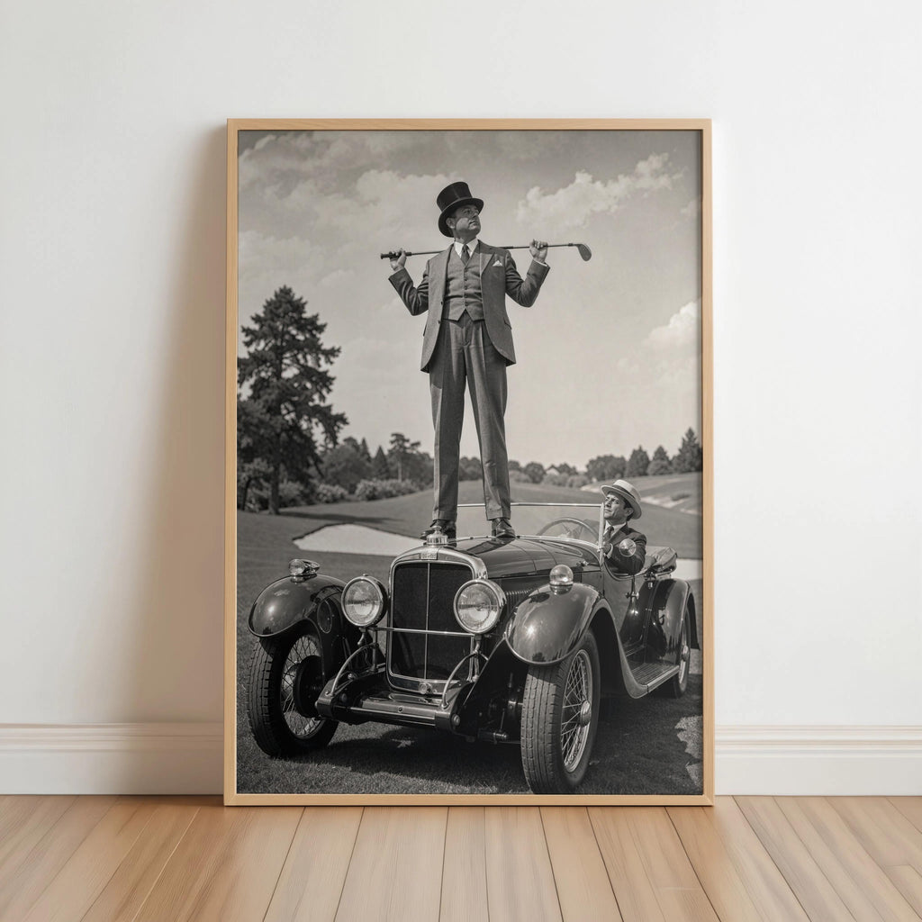 Retro Golf Poster, Antique Convertible Classic Car & Gentleman Golfer Print, Funny American Vintage Automotive Wall Art, Americana Man Cave