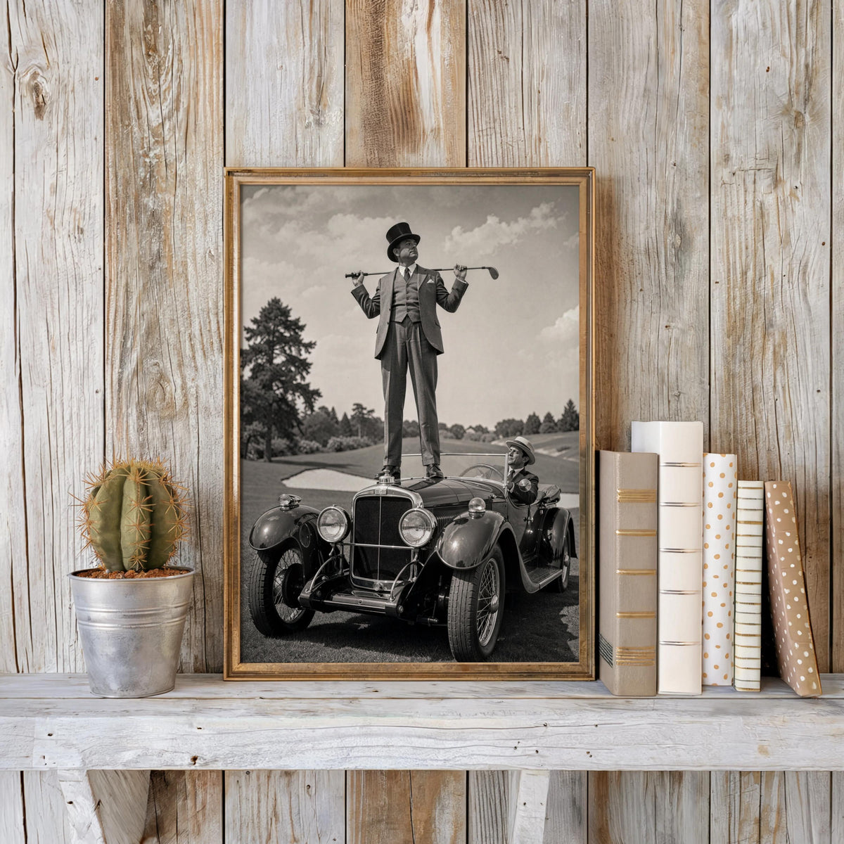 Retro Golf Poster, Antique Convertible Classic Car & Gentleman Golfer Print, Funny American Vintage Automotive Wall Art, Americana Man Cave