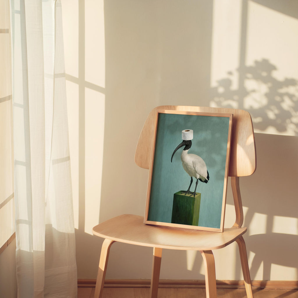 Funny Bin Chicken Art Print, Toilet Humor print, Surreal Australian Ibis Painting, Quirky Bird Wall Decor, Bathroom Housewarming Gift