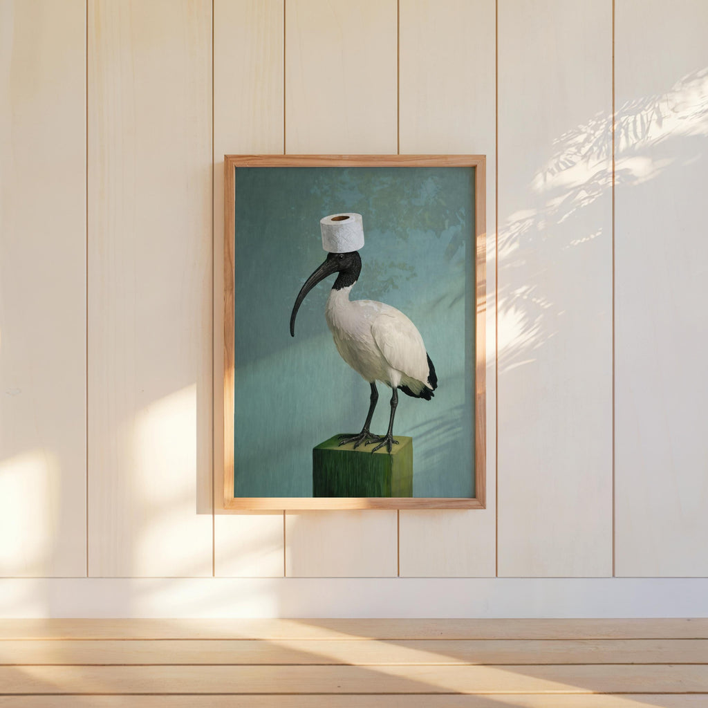 Funny Bin Chicken Art Print, Toilet Humor print, Surreal Australian Ibis Painting, Quirky Bird Wall Decor, Bathroom Housewarming Gift
