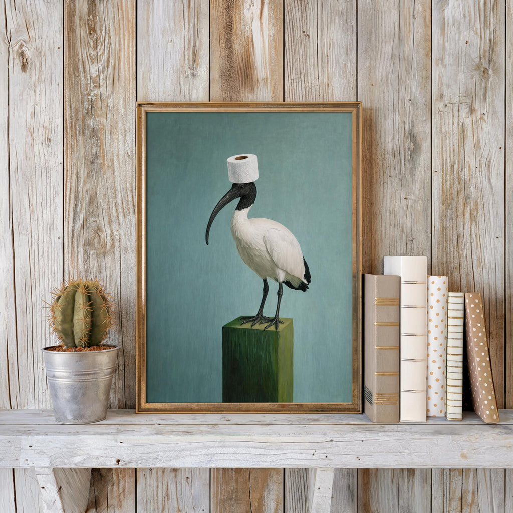 Funny Bin Chicken Art Print, Toilet Humor print, Surreal Australian Ibis Painting, Quirky Bird Wall Decor, Bathroom Housewarming Gift
