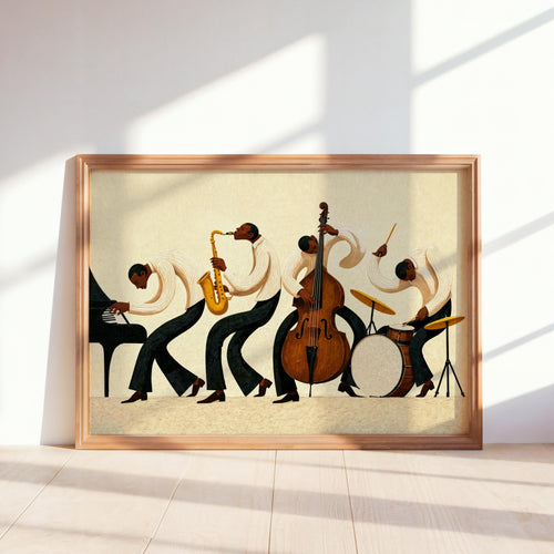 Cream background jazz band wall art in light wood frame, stylized black musicians, vintage jazz poster aesthetic