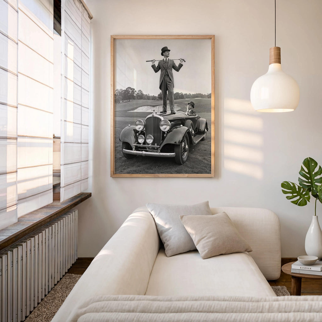 Centered above a sofa, wood-framed vintage golf wall art, elegant living room placement, gentleman wall art