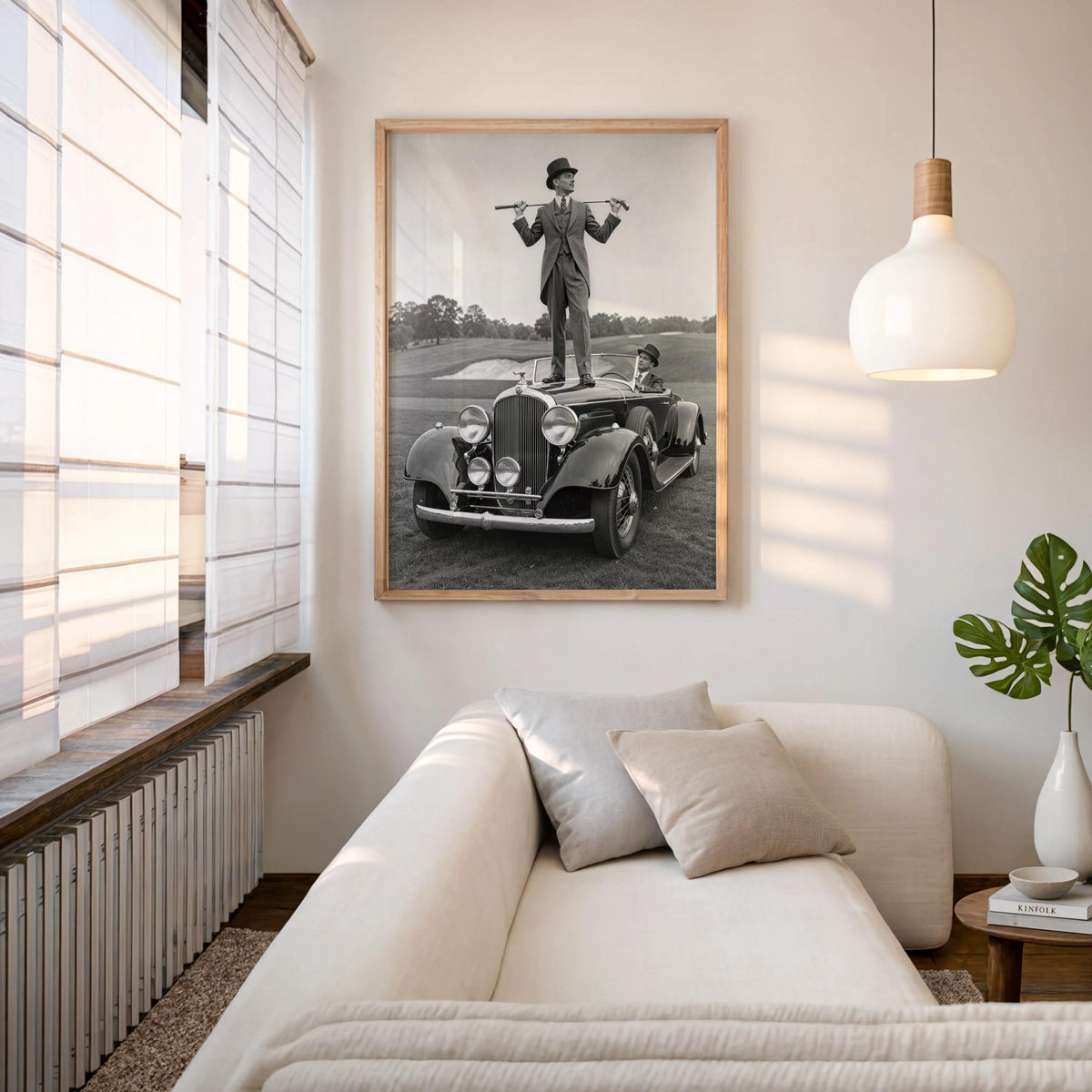 Centered above a sofa, wood-framed vintage golf wall art, elegant living room placement, gentleman wall art