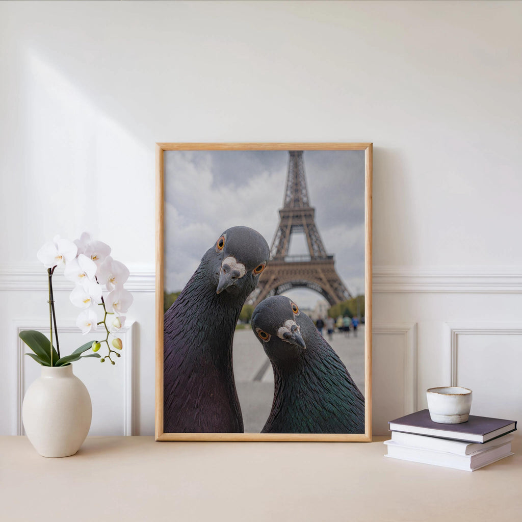 Funny Pigeon Wall Art Print, Paris Eiffel Tower Poster, Curious Bird Photography, Quirky Animal Lover Gift, Retro France Art for Living Room