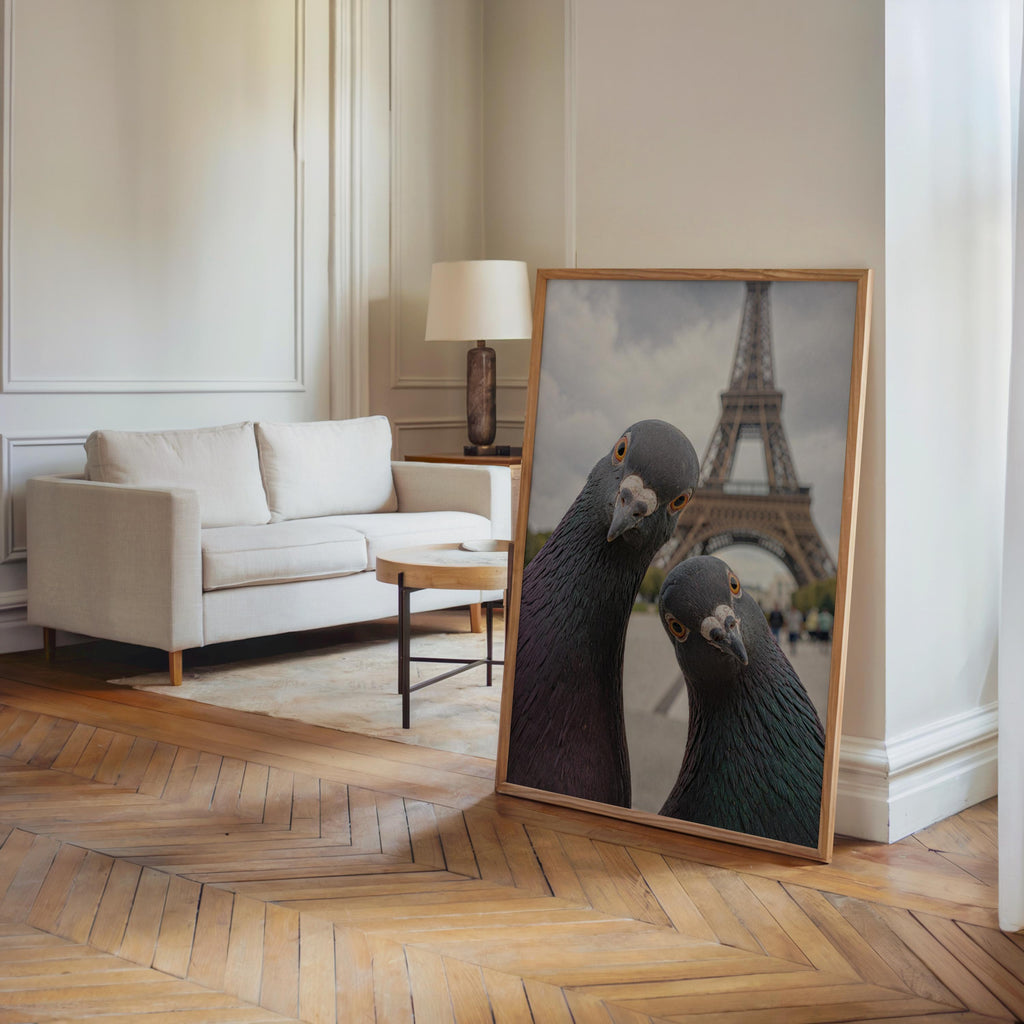 Funny Pigeon Wall Art Print, Paris Eiffel Tower Poster, Curious Bird Photography, Quirky Animal Lover Gift, Retro France Art for Living Room
