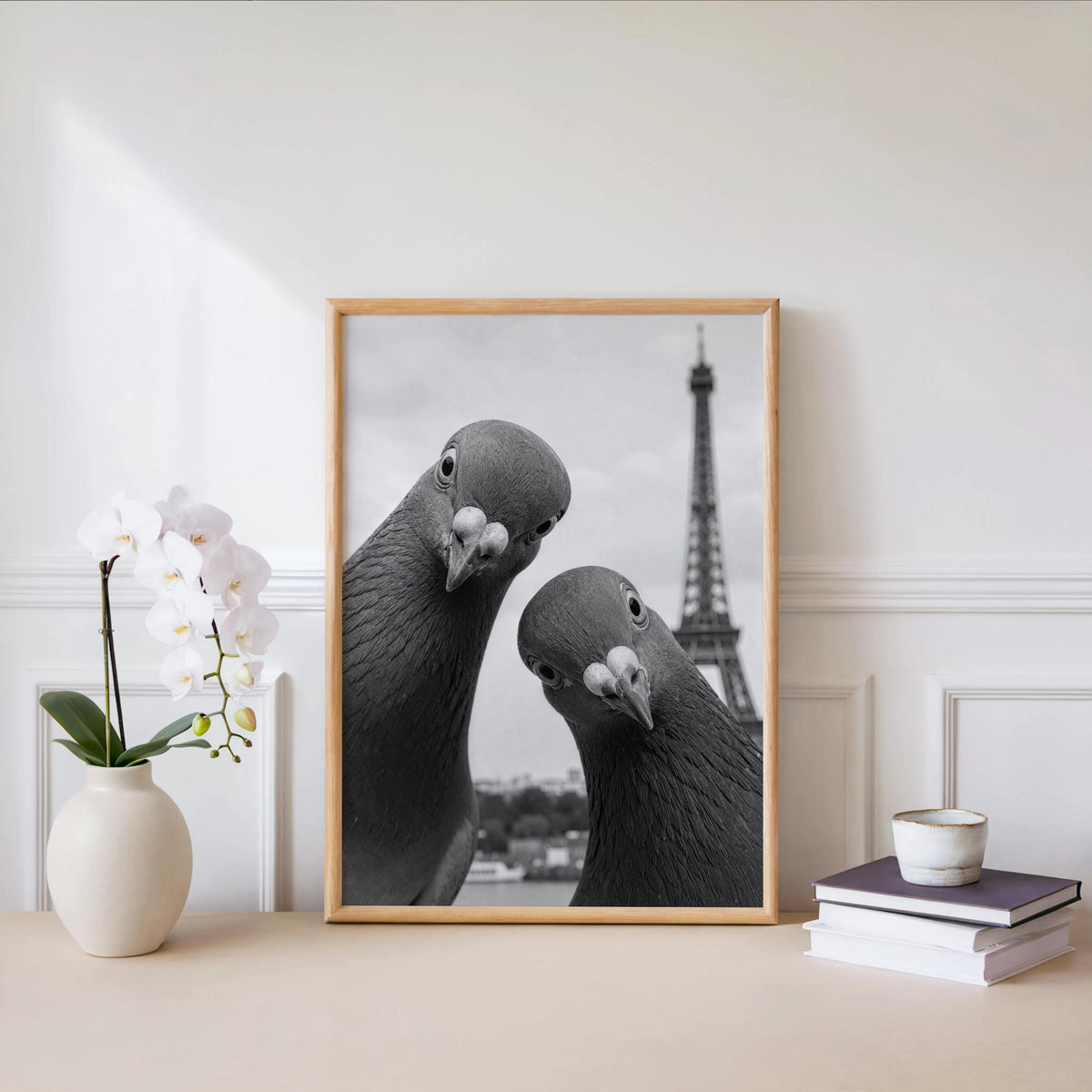 Framed black and white pigeon print on a white console with a potted orchid, minimalist styling, black and white bird print, funny pigeon wall art