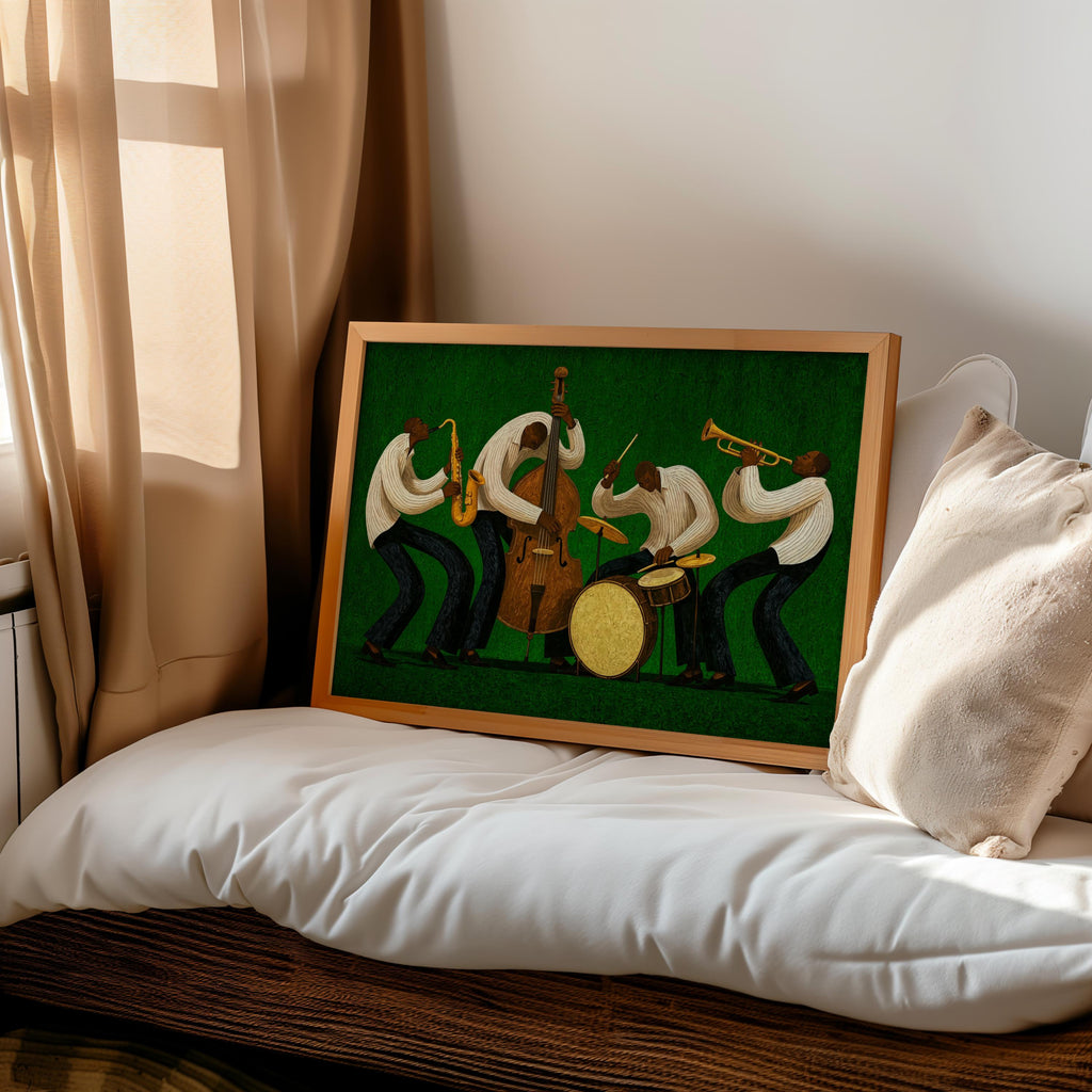 Vibrant Jazz Orchestra Print, Abstract African American Music Wall Art, Afrocentric Black Culture Poster, Mid Century Jazz Band Decor