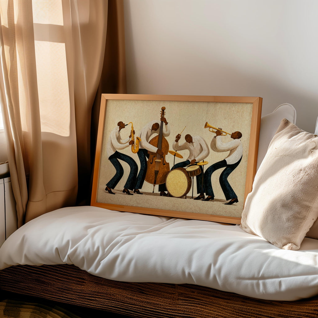Vibrant Jazz Orchestra Print, Abstract African American Music Wall Art, Afrocentric Black Culture Poster, Mid Century Jazz Band Decor