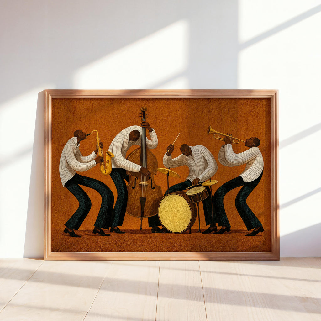Vibrant Jazz Orchestra Print, Abstract African American Music Wall Art, Afrocentric Black Culture Poster, Mid Century Jazz Band Decor