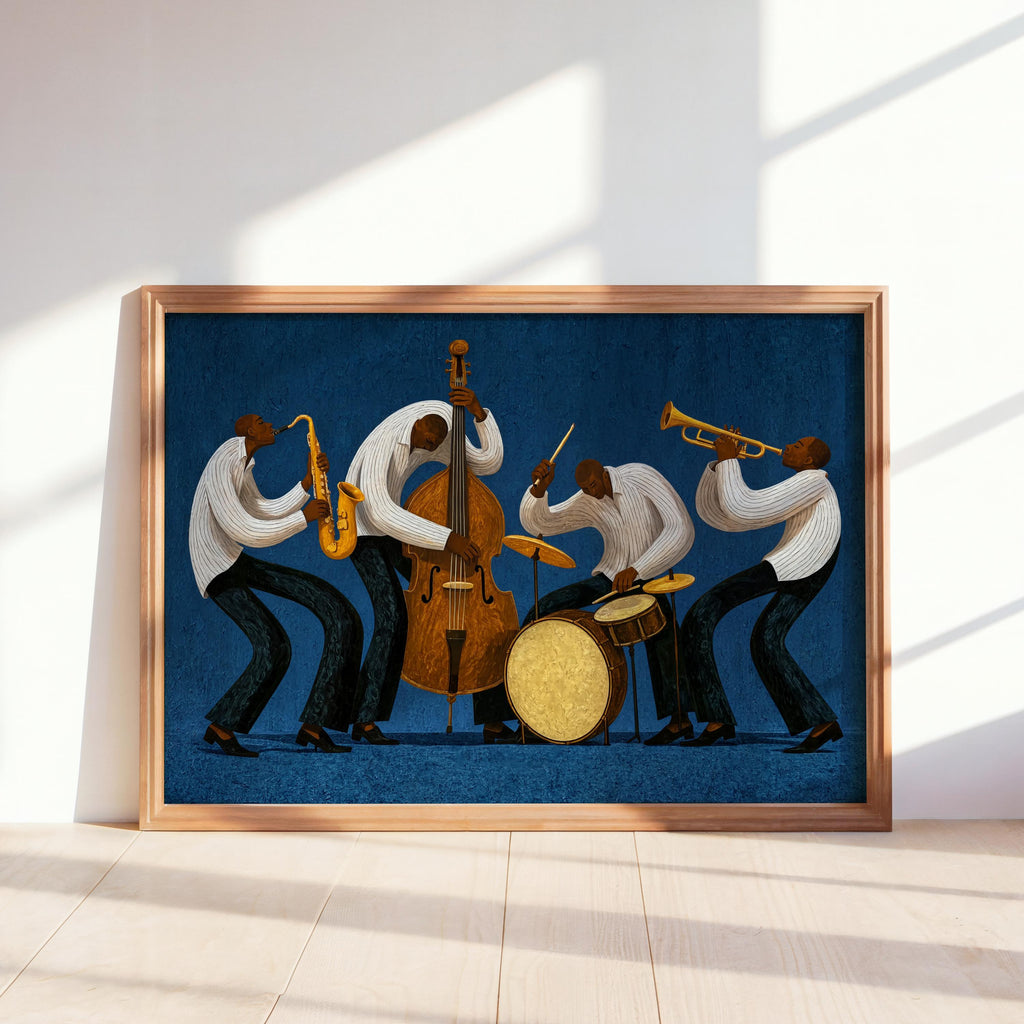 Vibrant Jazz Orchestra Print, Abstract African American Music Wall Art, Afrocentric Black Culture Poster, Mid Century Jazz Band Decor
