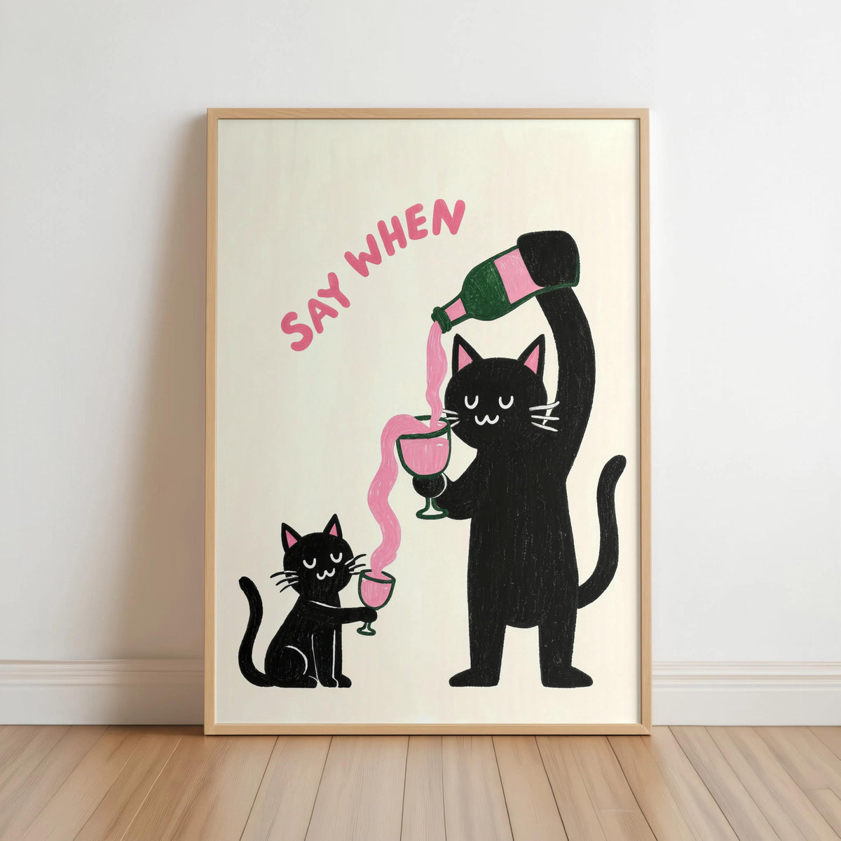 Cat Drinking Wine Poster, "Tell me when" Humorous Animal Art Print, Funny Pet Decor, Wine Enthusiast Gift, Minimalist Cat Illustration