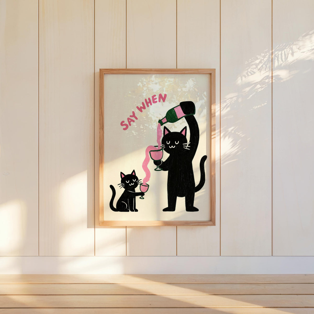 Cat Drinking Wine Poster, "Tell me when" Humorous Animal Art Print, Funny Pet Decor, Wine Enthusiast Gift, Minimalist Cat Illustration