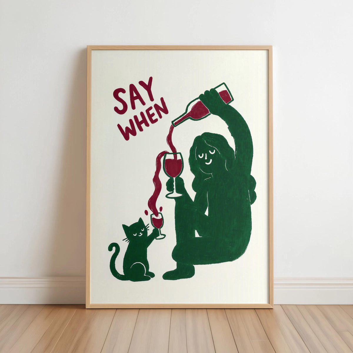 Say When Wine VS Black Cat Funny Art Print, Humorous Kitchen Decor, Quirky Childless Cat Lady Illustration, Minimalist Bar Cart Gift