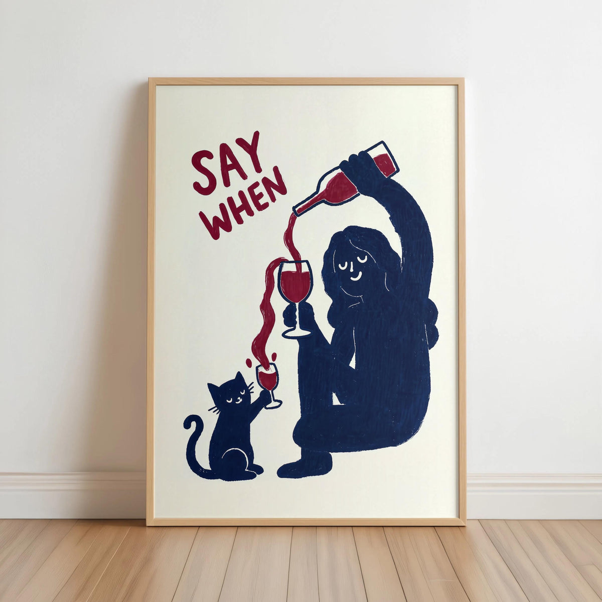 Say When Wine VS Black Cat Funny Art Print, Humorous Kitchen Decor, Quirky Childless Cat Lady Illustration, Minimalist Bar Cart Gift