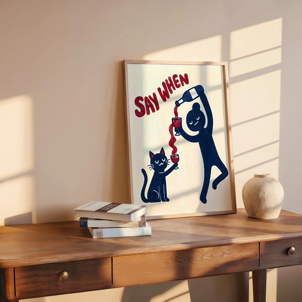 Funny Black Cat VS Wine Art Print, Say When Humorous Kitchen Illustration, Minimalist Childless Cat Lady Decor, Quirky Bar Cart Gift