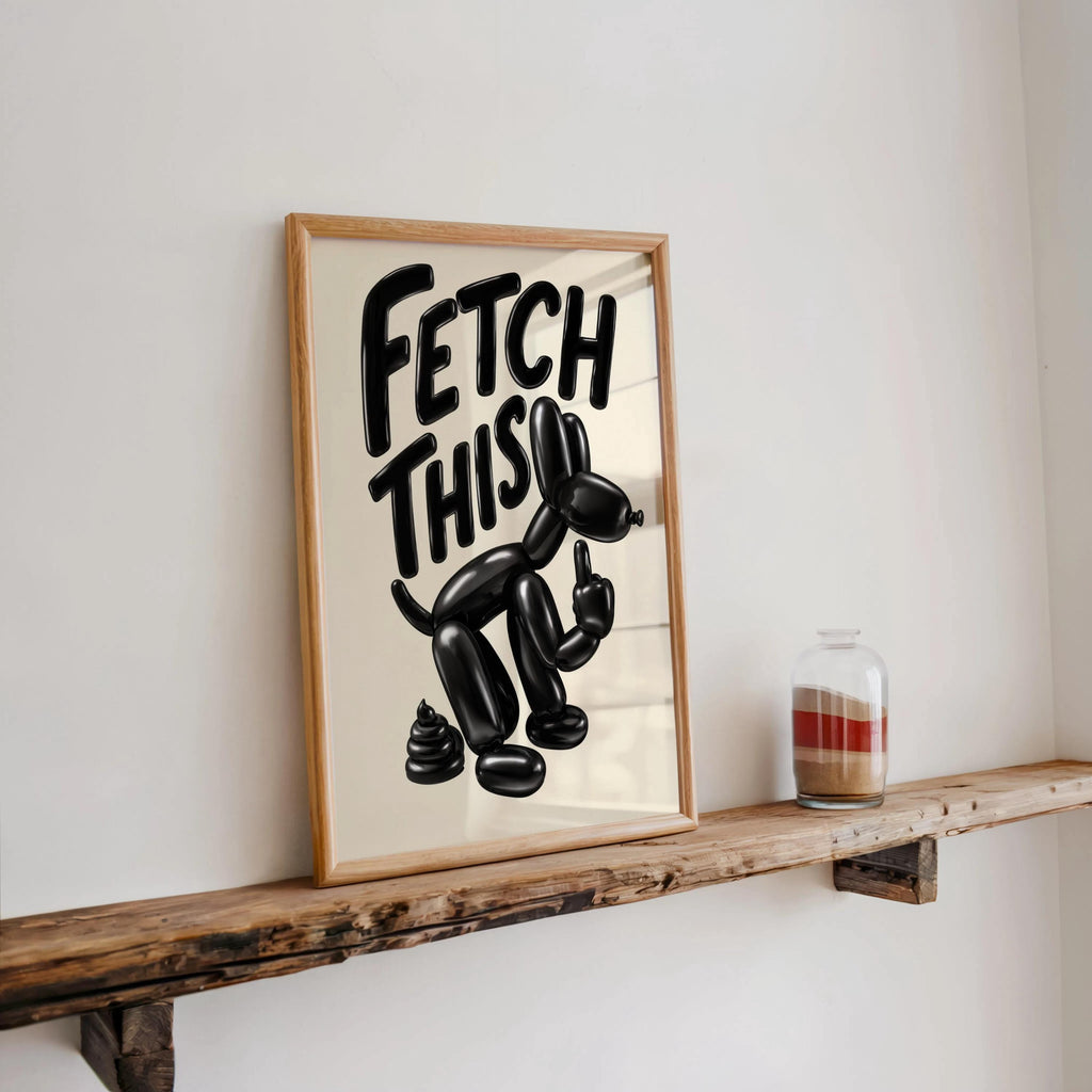 Minimal shelf display, cream backdrop, high-contrast glossy balloon dog and expressive typography, quirky dog wall decor