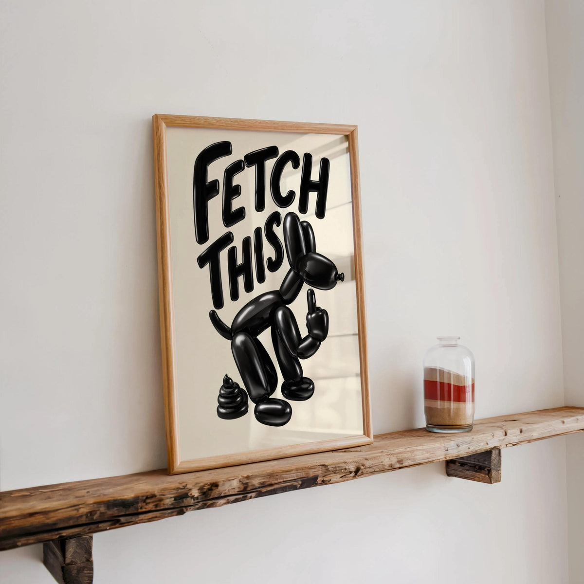 Minimal shelf display, cream backdrop, high-contrast glossy balloon dog and expressive typography, quirky dog wall decor