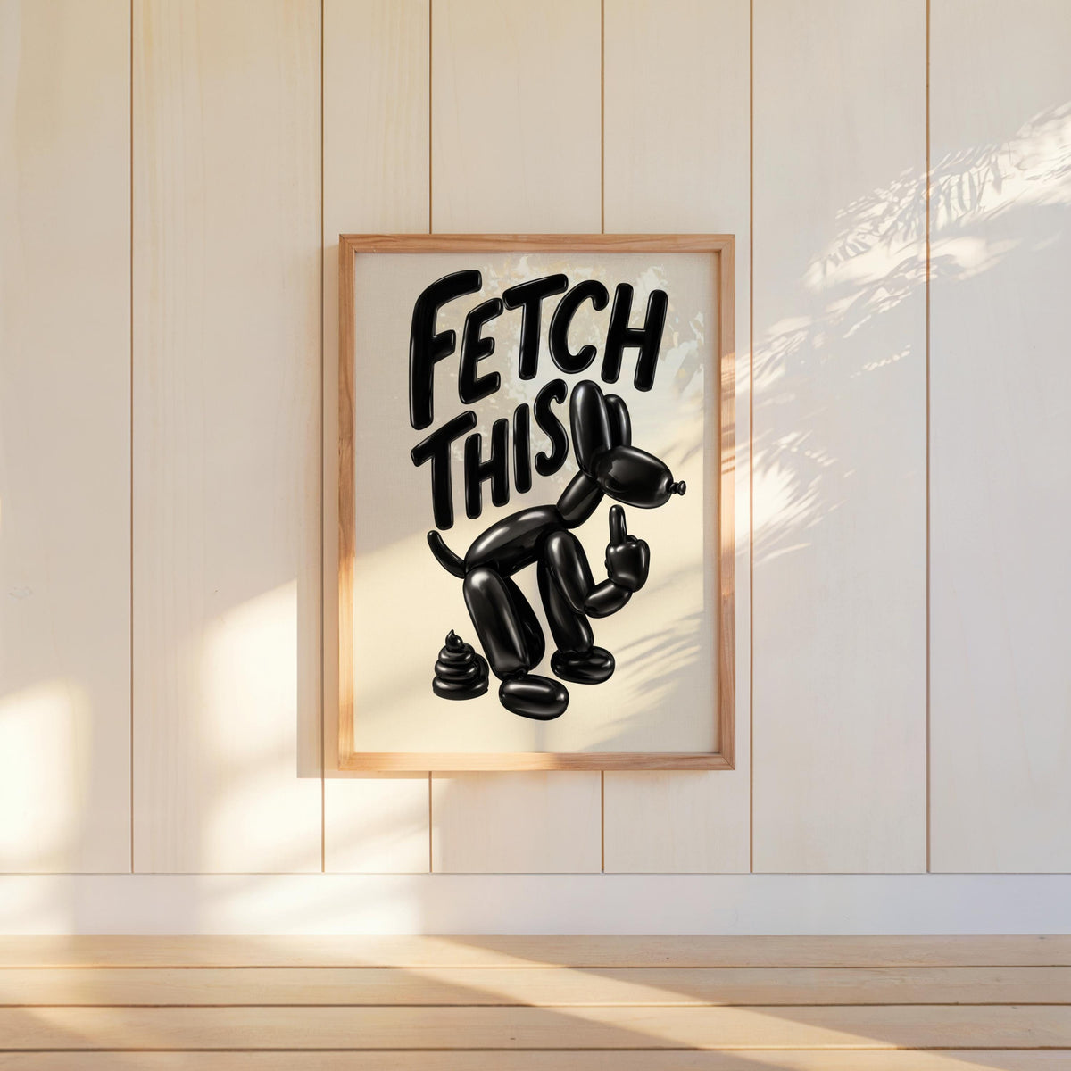 Centered on light paneled wall, cheeky glossy balloon dog and brush lettering, funny balloon dog wall art with retro vibe