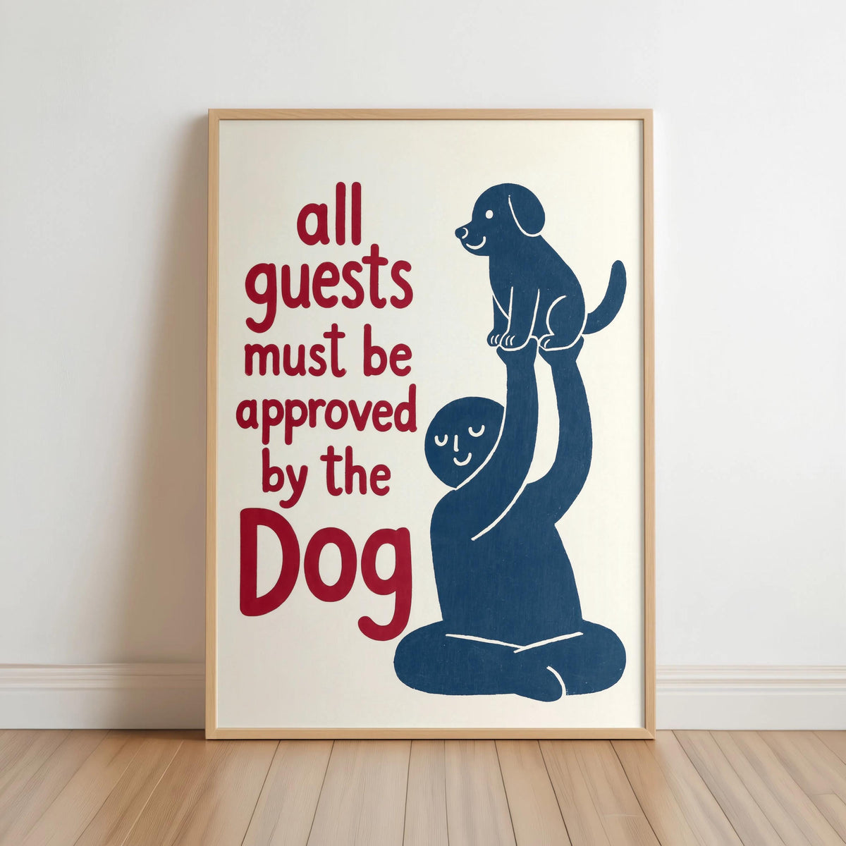 Framed blue hand-drawn dog with red 'Dog' type, centered against white wall, playful funny dog wall art print