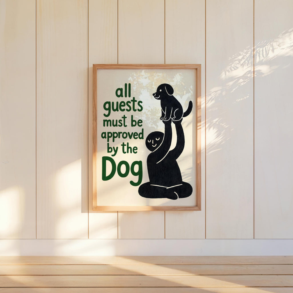 Framed black dog sketch with green 'Dog' word, vertical wall display in bright room, quirky dog art for dog owner gift