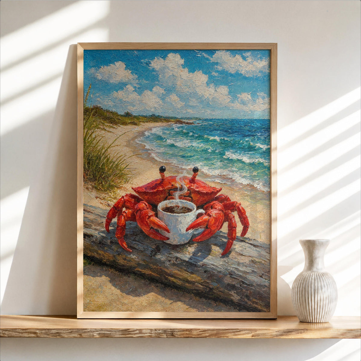 Crab with Coffee Print, Funny Tea Lover Decor, Vintage Quirky Coastal Beach Bar Poster, Ocean Wall Art, Seafood Kitchen Decor, Nautical Gift