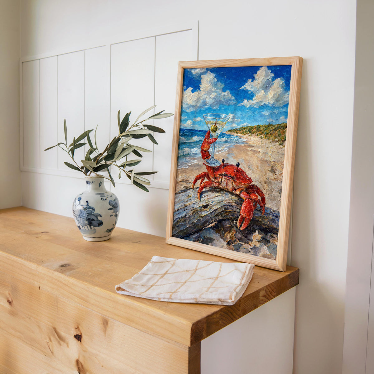 Crab Martini Cin Cin Poster, Funny Coastal Bar Decor, Ocean Animal Print, Vintage Seafood & Cocktail Wall Art, Beach House Nautical Painting