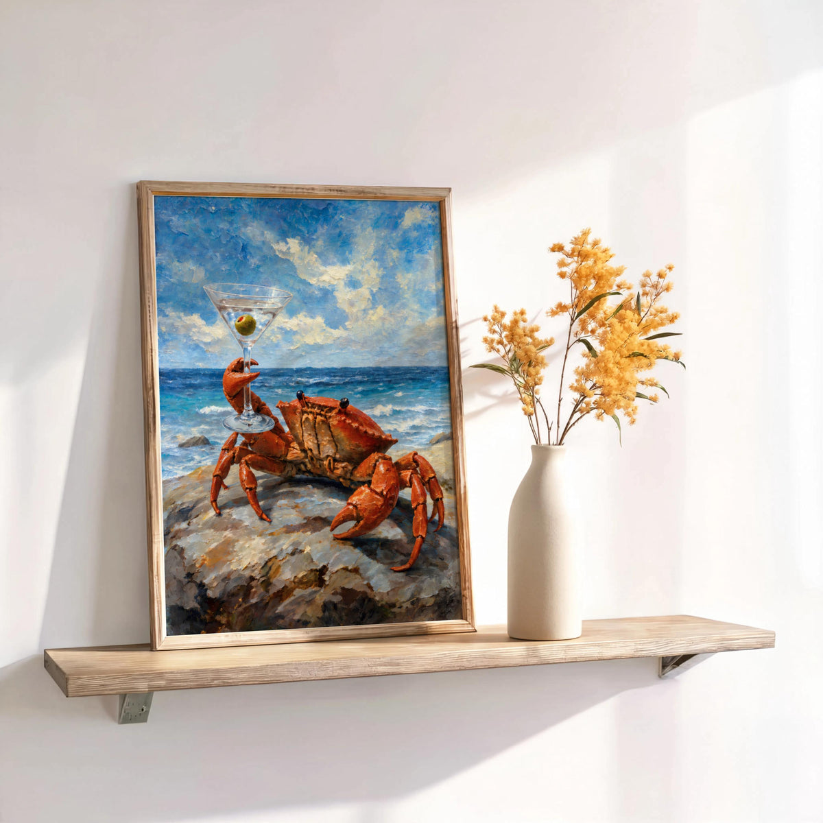 Cin Cin Martini Crab Print, Funny Coastal Bar Poster, Ocean Animal Decor, Vintage Seafood & Cocktail Wall Art, Beach House Nautical Painting