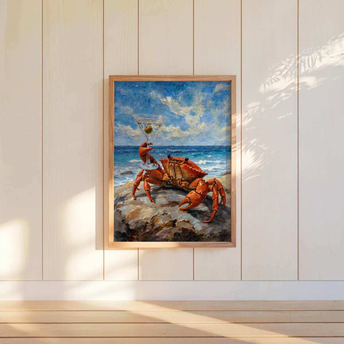 Cin Cin Martini Crab Print, Funny Coastal Bar Poster, Ocean Animal Decor, Vintage Seafood & Cocktail Wall Art, Beach House Nautical Painting