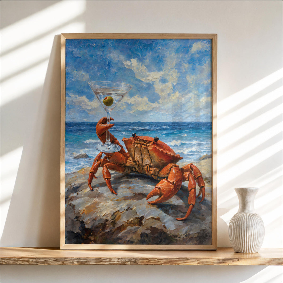 Cin Cin Martini Crab Print, Funny Coastal Bar Poster, Ocean Animal Decor, Vintage Seafood & Cocktail Wall Art, Beach House Nautical Painting