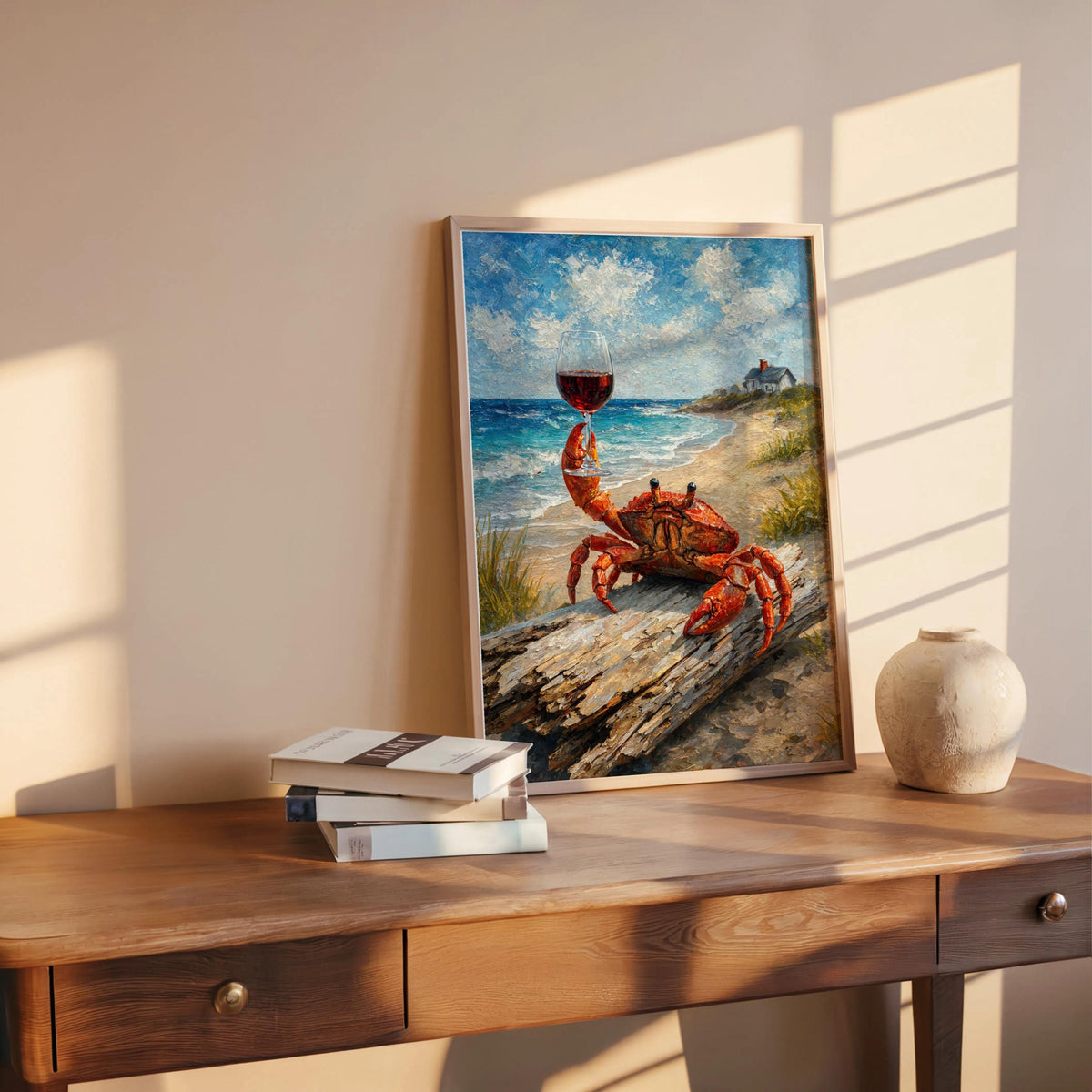 Crab With Red Wine Print, Funny Coastal Wall Art, Beach House Poster, Seafood Seaside Painting, Ocean Lover Gift, Nautical Kitchen Artwork