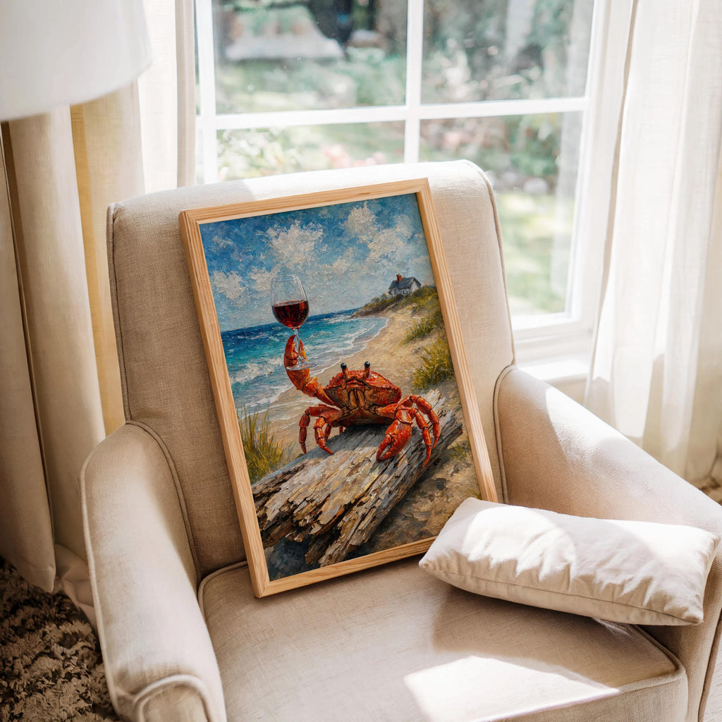 Crab With Red Wine Print, Funny Coastal Wall Art, Beach House Poster, Seafood Seaside Painting, Ocean Lover Gift, Nautical Kitchen Artwork