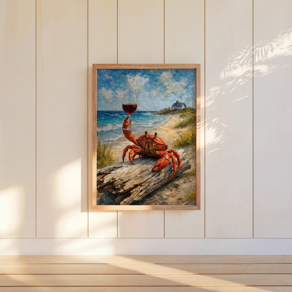 Crab With Red Wine Print, Funny Coastal Wall Art, Beach House Poster, Seafood Seaside Painting, Ocean Lover Gift, Nautical Kitchen Artwork