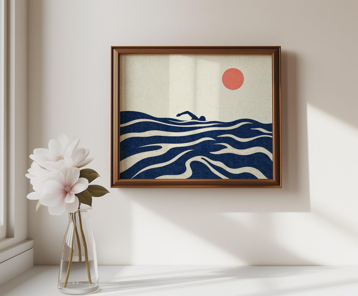 Minimalist Swimming Artwork, Abstract Sea Print, Vintage Mid Century Swimmer Poster, Modern Coastal Art, Blue Wave Illustration, Summer Gift
