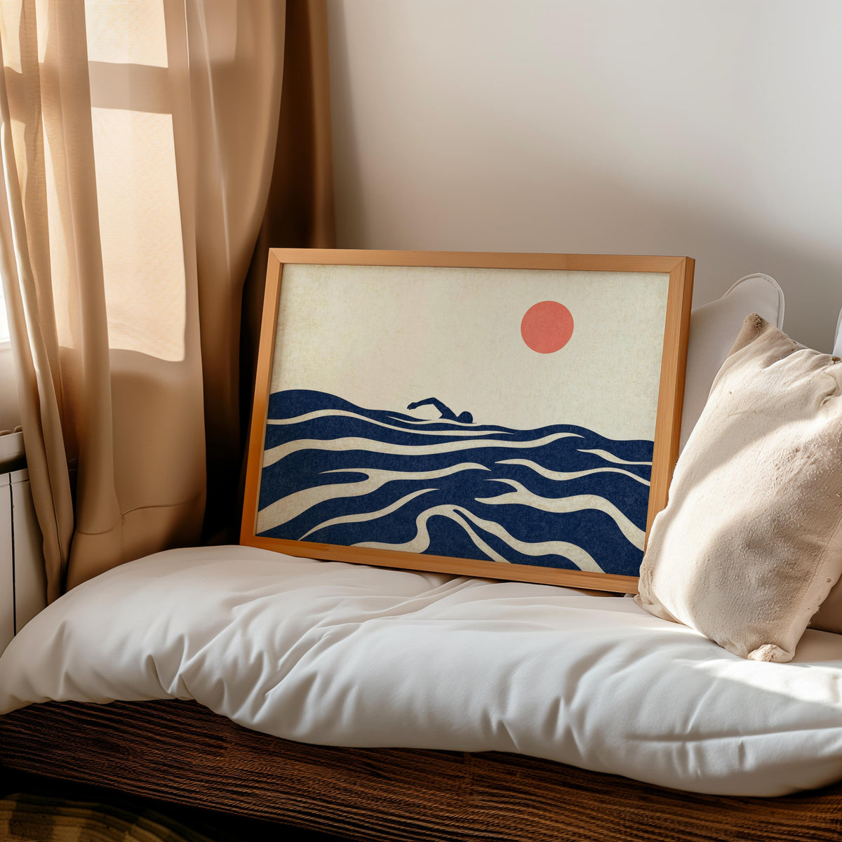 Minimalist Swimming Artwork, Abstract Sea Print, Vintage Mid Century Swimmer Poster, Modern Coastal Art, Blue Wave Illustration, Summer Gift
