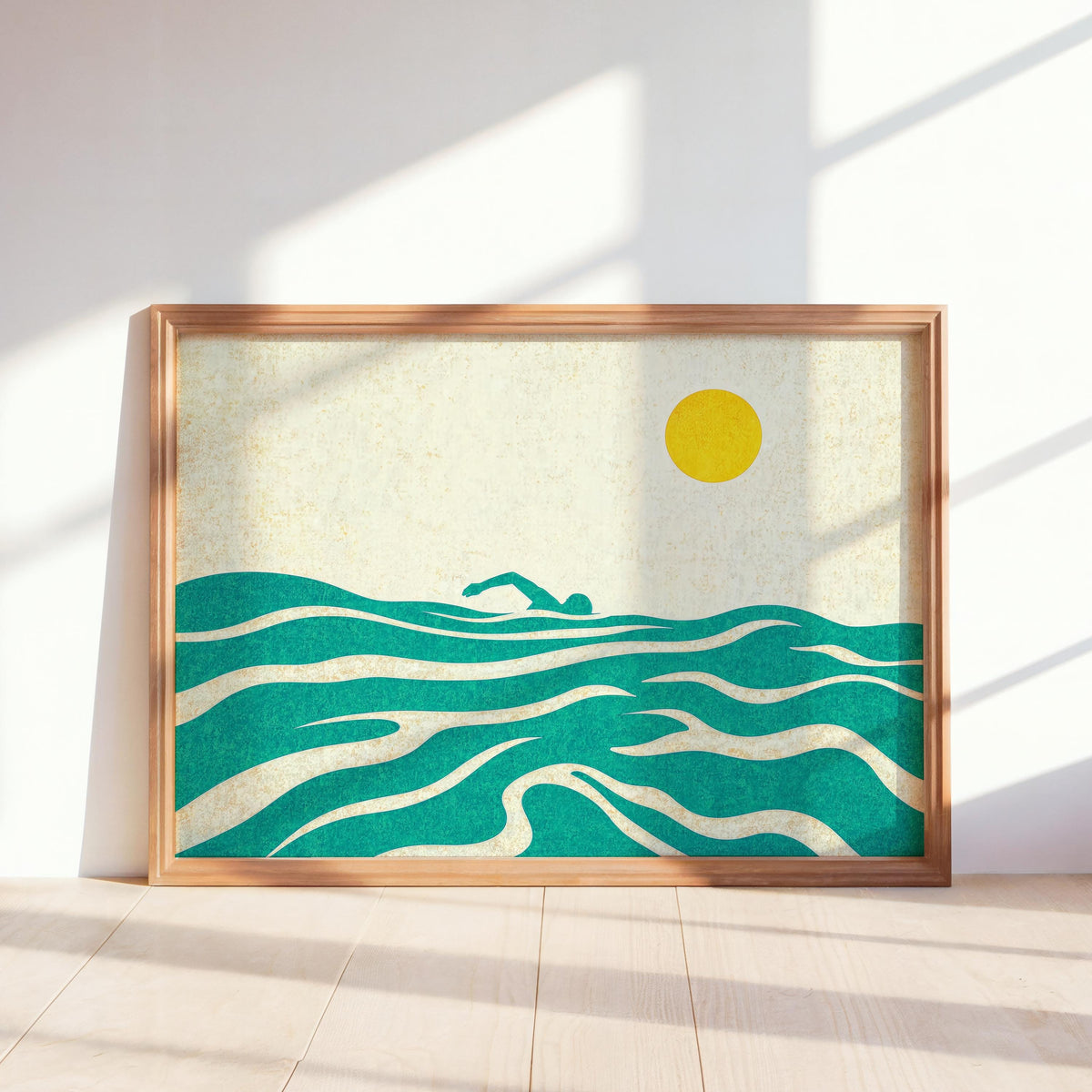 Minimalist Swimming Artwork, Abstract Sea Print, Vintage Mid Century Swimmer Poster, Modern Coastal Art, Blue Wave Illustration, Summer Gift