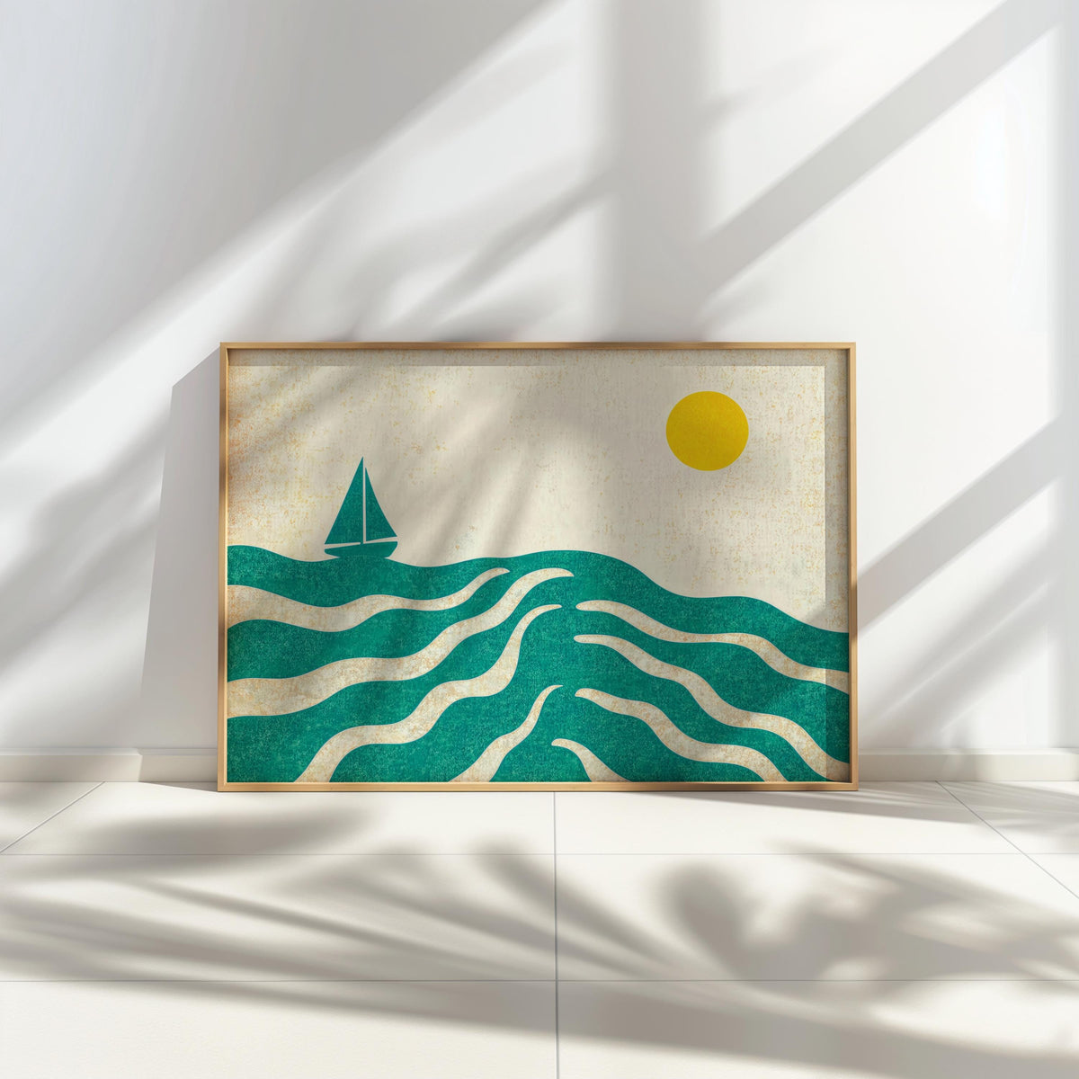 Sailboat on Ocean Print, Abstract Nautical Poster, Blue Wave Artwork, Coastal Summer Wall Art, Retro Seaside Illustration, Beach House Gift